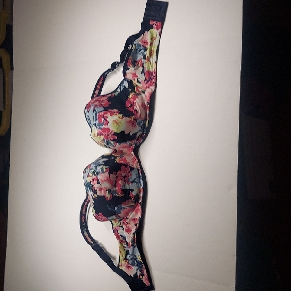 Cacique bra 42F lightly lined balconette navy pink & yellow floral.